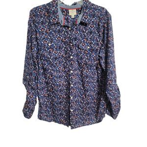 St Johns Bay Navy Ditsy Floral Button Front Classic Long Sleeve Shirt Size XLG